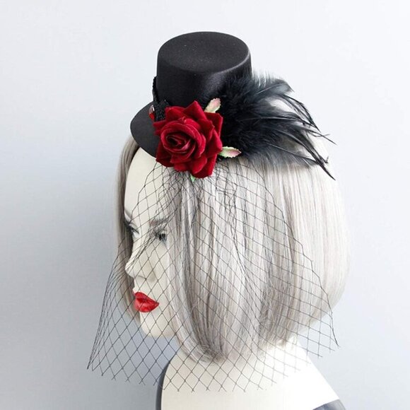 1920s Fascinator Hat Mini Tea Party Headband for Women Black Satin Mesh Veil